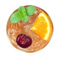 Orange cocktail with cherry and mint top view isolated on white