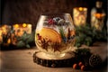 Orange cocktail in a glass goblet against the background of festive decor and Christmas tree branches.