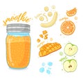 Orange cocktail for healthy life. Smoothies with mango, banana, prange and apple. Recipe vegetarian fruit organi