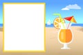 Cocktail on Beach near Empty White Poster for Text Royalty Free Stock Photo