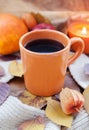 Orange coffee cup on the autumn fall leaves