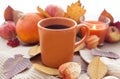 Orange coffee cup on the autumn fall leaves