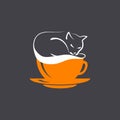 Orange coffee cup with with foam in the form of a lying black cat on a dark background. Flat Editable vector Royalty Free Stock Photo