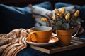 Orange coffee cup placed on couch, coffee mug image hd