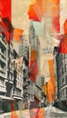 Orange collage art with city street. AI generated. Royalty Free Stock Photo