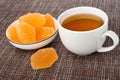 Orange color marmalades in white bowl, marmalade, cup with tea on mat