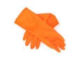 Orange color rubber gloves for cleaning on white background, housework concept Royalty Free Stock Photo