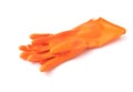 Orange color rubber gloves for cleaning on white background, housework concept Royalty Free Stock Photo