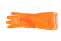 Orange color rubber gloves for cleaning on white background, housework concept Royalty Free Stock Photo