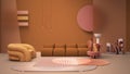 Orange colored modern living room, pastel colors, sofa, armchair, carpet, coffee tables, frosted glass panels, copper pendant