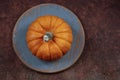 A orange colored tiny pumpkin on a wooden background, close up