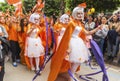 Orange colours fairy girls dancing in Orange Blossom Carnival parade`s opening. City of Adana Province in Turkey - 6 April 2019