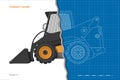 Orange compact loader. Outline side view. Isolated drawing of mini bulldozer. Industrial 3d blueprint of loading machine Royalty Free Stock Photo