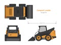 Orange compact loader. Side, front amd top view. Isolated drawing of mini bulldozer. Industrial blueprint