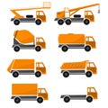 Orange construction cars , collection industrial truck, types automobiles, set icon vehicles