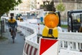 Orange construction Street barrier light on barricade. Road cons Royalty Free Stock Photo