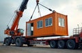 Orange container office module is lifted by crane onto flatbed truck. Modular building site structure placed for assembly. Mobile Royalty Free Stock Photo