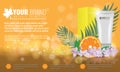 Orange Cosmetics product ads poster template. Cosmetic beauty mockup. Cream tube package with flowers and palm leaf