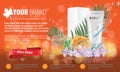 Orange Cosmetics product ads poster template with Water splash. Cream tube package with flowers and palm leaf. Vector