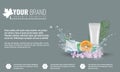 Orange Cosmetics product ads poster template with Water splash. Cream tube package with flowers and palm leaf. Vector