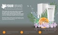 Orange Cosmetics product ads poster template with Water splash. Cream tube package with flowers and palm leaf. Vector