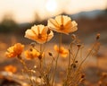 orange cosmos flowers in the desert at sunset