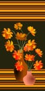 Orange cosmos flowers in vases on the background with stripes