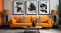 an orange couch with framed pictures in a living room Royalty Free Stock Photo