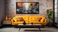 an orange couch with framed pictures in a living room Royalty Free Stock Photo