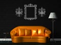 Orange couch, table and standard lamp