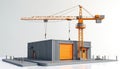 Orange crane is constructing grey storage building on white backdrop. This construction site is modern. Building is in design Royalty Free Stock Photo
