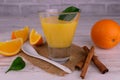 Orange cream mousse and juicy oranges with cinnamon on a light background Royalty Free Stock Photo