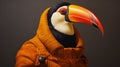 Hyper Realistic Toucan Portrait In Orange Jacket