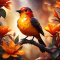 Orange crystal little bird, detailed body. Red and yellow jamaica flower background