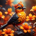 Orange crystal little bird, detailed body. Red and yellow jamaica flower background