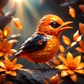 Orange crystal little bird, detailed body. Red and yellow jamaica flower background