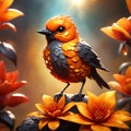 Orange crystal little bird, detailed body. Red and yellow jamaica flower background
