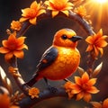 Orange crystal little bird, detailed body. Red and yellow jamaica flower background