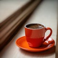 Orange cup of fresh brewed hot coffee on a wooden table. Royalty Free Stock Photo