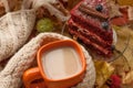 An orange cup of milk tea, a beige knitted scarf, a piece of apetizing cake with blueberries, dry tree leaves, hips and chestnuts