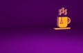 Orange Cup of tea with tea bag icon isolated on purple background. Minimalism concept. 3d illustration 3D render Royalty Free Stock Photo