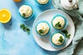 Orange Cupcakes with Curd Cream on the Christmas Festive Table. Top view flat lay background Royalty Free Stock Photo