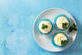 Orange Cupcakes with Curd Cream on the Christmas Festive Table. Top view flat lay background Royalty Free Stock Photo