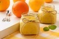 Orange curd english citrus cream in glass jars. Royalty Free Stock Photo