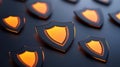 Orange cybersecurity shields arranged in a systematic layout on a dark surface, symbolizing robust digital security, threat pre