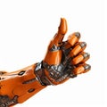 Orange cyborg robotic hand pointing his finger