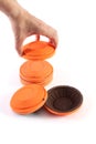 Orange cymbals for trap shooting on white background