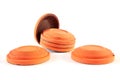 Orange cymbals for trap shooting on white background