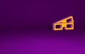 Orange 3D cinema glasses icon isolated on purple background. Minimalism concept. 3d illustration 3D render Royalty Free Stock Photo