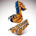Orange 3d vector shattered musical note with specks and refractions. Dimensional facet design music demolished symbol. Reggae mus